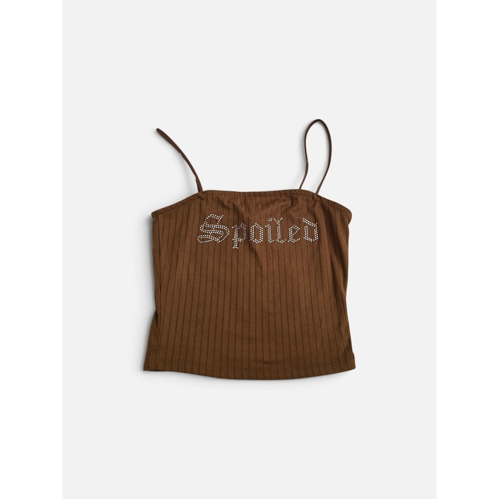 Rue21 Y2K Style Brown Ribbed Spoiled Rhinestone Graphic Cami Crop Top